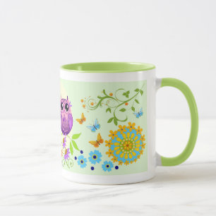 Hiboux mignons d'été, fleurs et tasse nommée fa