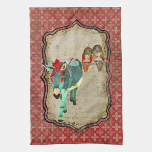 Hiboux roses et serviette rouge d'âne