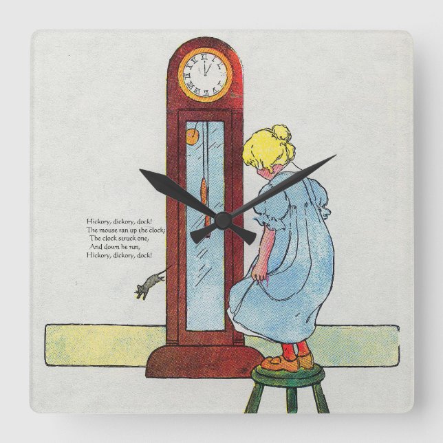 Hickory, Dickory, Dock Mother Goose Nursery Rhyme Square Wall Clock (Front)