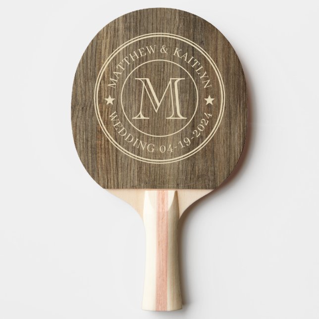 Hickory Wood Wedding Monogram Star Ping Pong Paddle (Front)