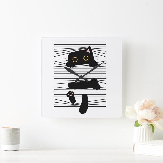Hidden Black Cat Cute Funny Minimalist Animal Love Square Wall Clock (Home)