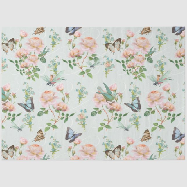 Hidden Fairy Floral Blue Pink Dragonfly Butterfly Tissue Paper (Front)