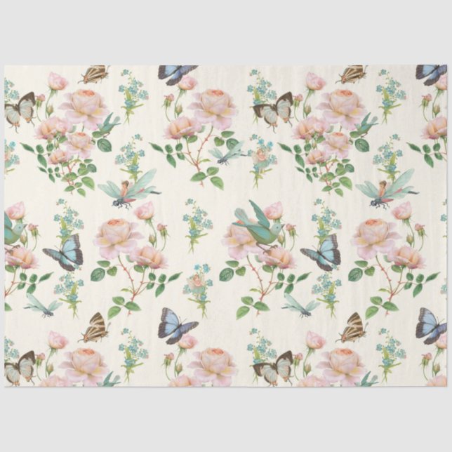 Hidden Fairy Floral Blush Pink Dragonfly Butterfly Tissue Paper (Front)