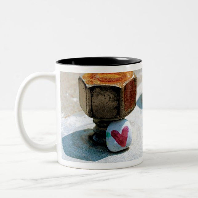 Hidden Heart Rock and a Rusty Bolt Two-Tone Coffee Mug (Left)