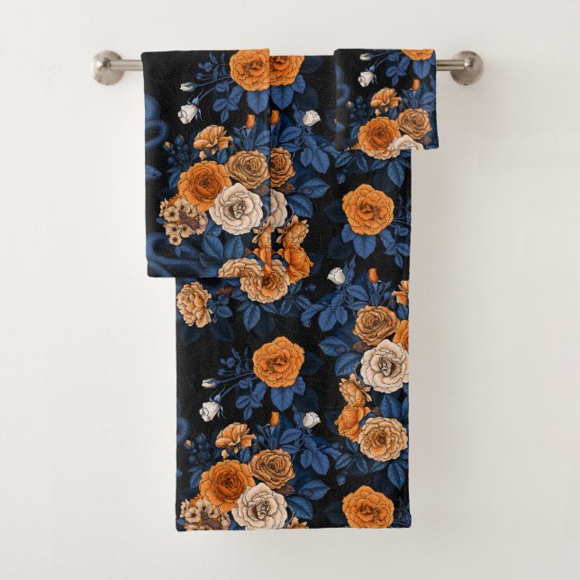 Hidden in the roses, orange and blue bath towel set (Insitu)