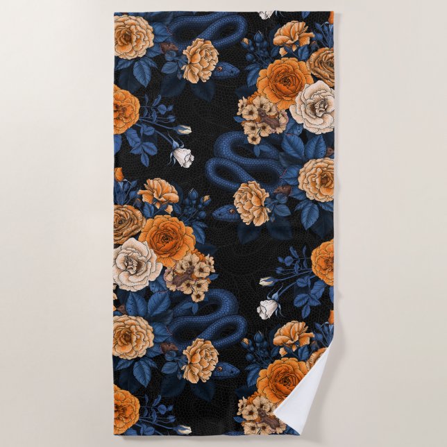 Hidden in the roses, orange and blue beach towel (Front)