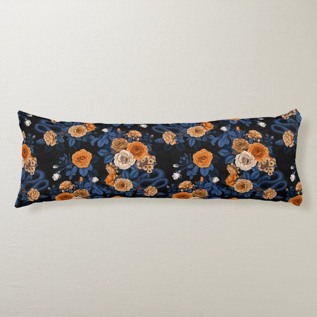 Hidden in the roses, orange and blue body pillow (Front)