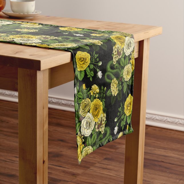 Hidden in the roses, yellow and green short table runner (In Situ)