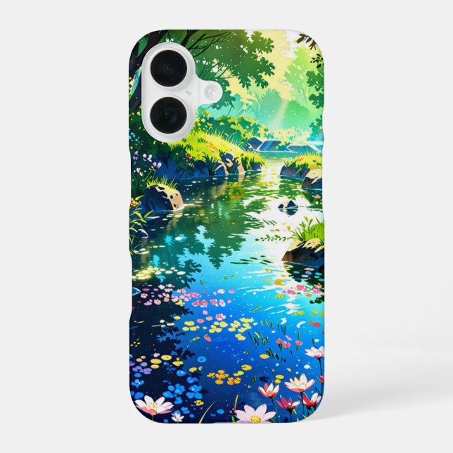Hidden Spring Pond – Anime Landscape iPhone 16 Case (Back)