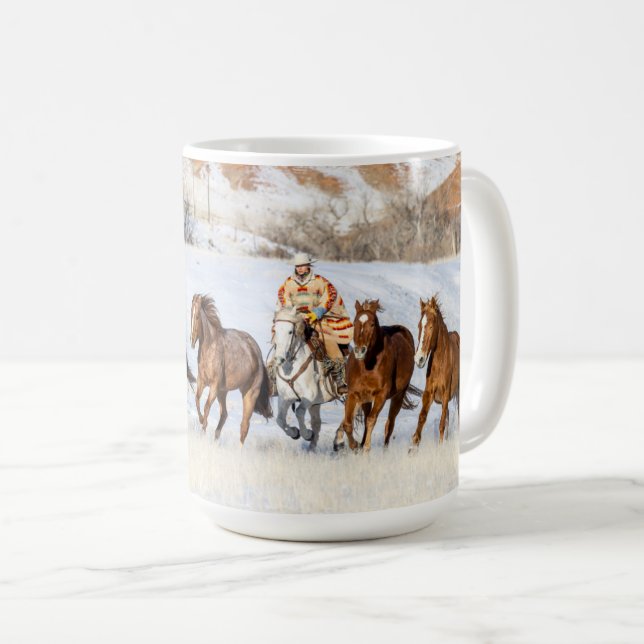 Hideout Horse Ranch, Wrangler and Horses Coffee Mug (Front Right)
