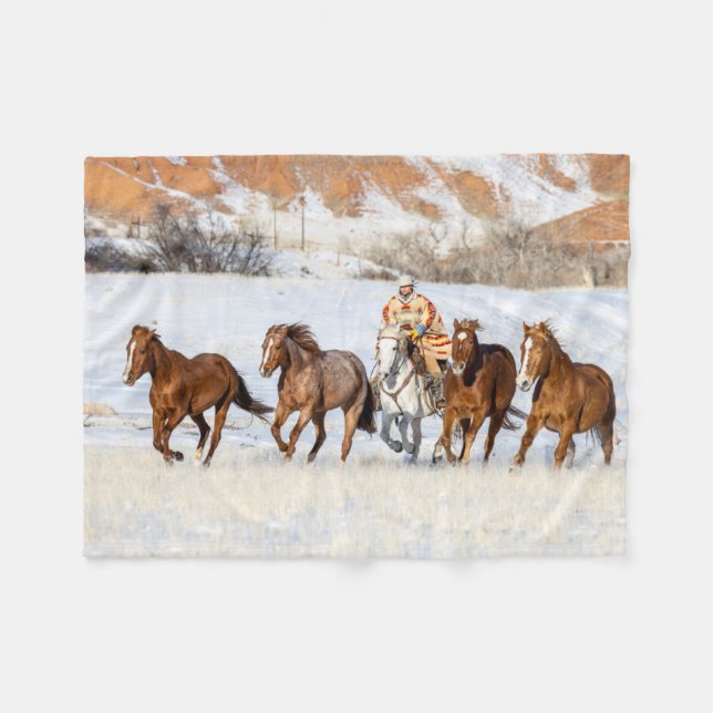Hideout Horse Ranch, Wrangler and Horses Fleece Blanket (Front (Horizontal))