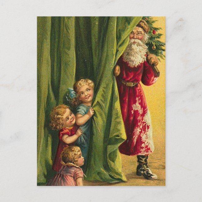 Hiding From Santa Red Coat Children Tree Holiday Postcard (Front)