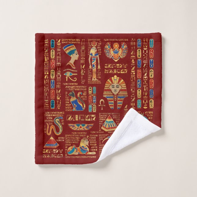 Hiéroglyphes et divinités égyptiens en rouge (Gant de toilette)
