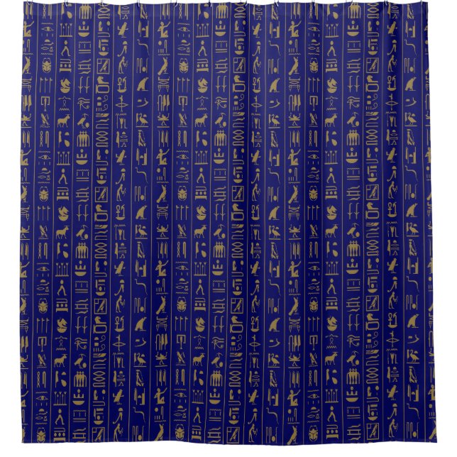 Hiéroglyphes Golden sur le rideau de douche bleu (Devant)