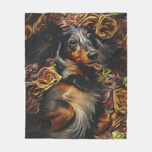 High Angle Portrait Of Dachshund Lying On Field Po Fleece Blanket