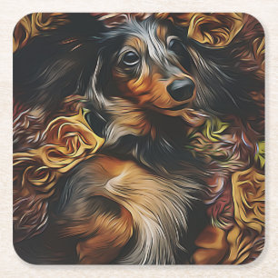 High Angle Portrait Of Dachshund Lying On Field Po Square Paper Coaster