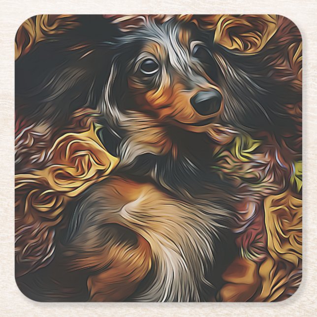 High Angle Portrait Of Dachshund Lying On Field Po Square Paper Coaster (Front)