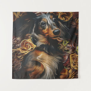 High Angle Portrait Of Dachshund Lying On Field Po Tapestry