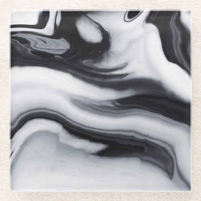 High Contrast Black and White Marble Glass Coaster (Front)