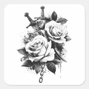 High-Contrast Black and White Tattoo Art Design Square Sticker