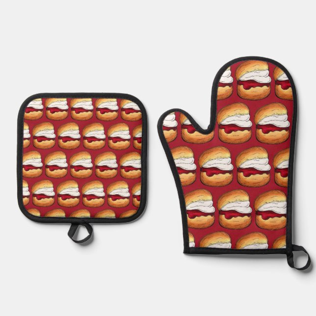 High Cream Tea Scone Jam UK British Bakery Food Oven Mitt & Pot Holder Set (Front)