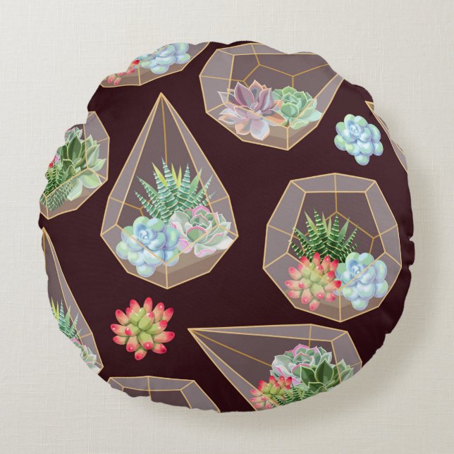High detail succulent and cactus seamless pattern round pillow (Front)