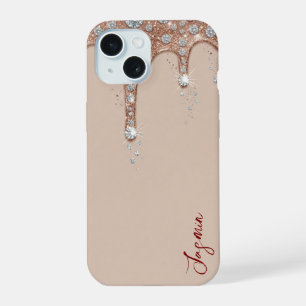 High-End Beige & Rose Gold Glitter Drip iPhone 15 Case
