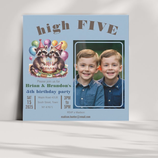 high five birthday party twins mapache theme photo invitation (Creator Uploaded)