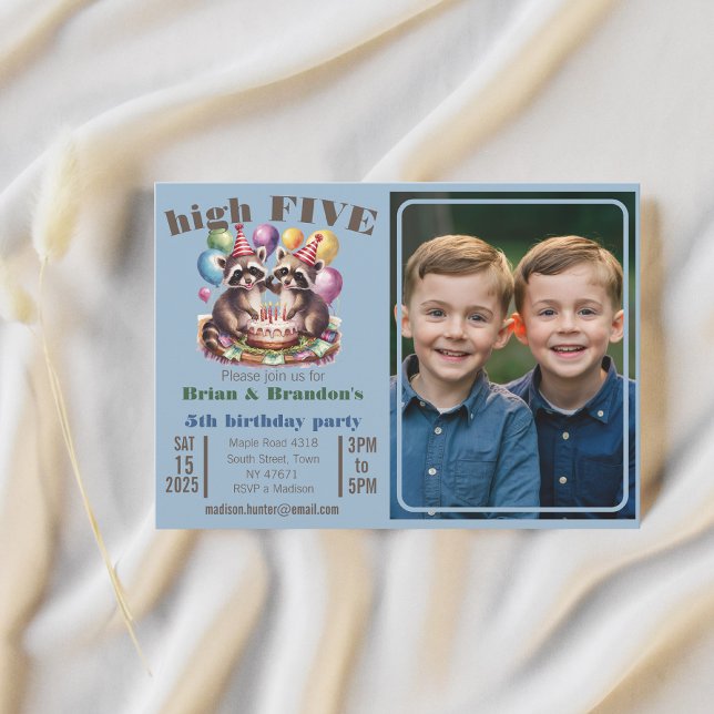 high five birthday party twins mapache theme photo invitation (Creator Uploaded)