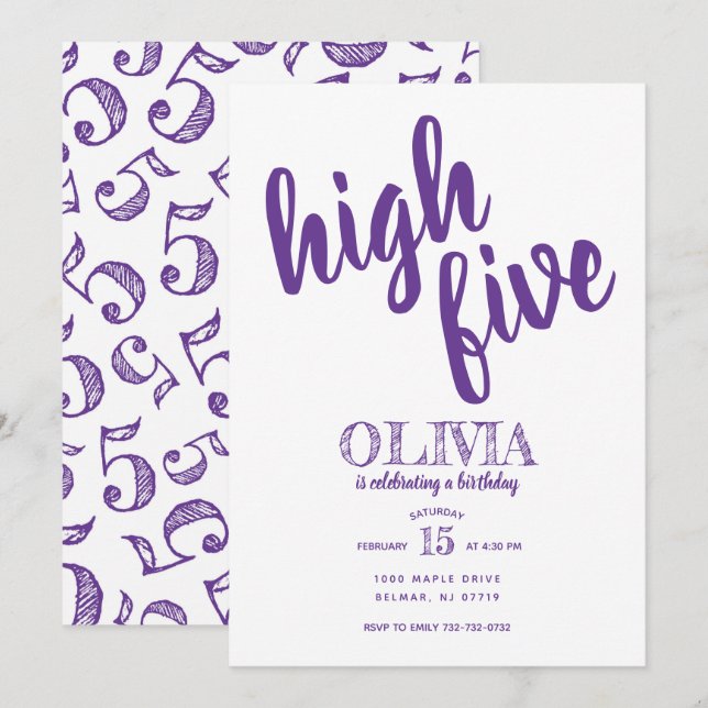 High Five Fifth Birthday Invitation Purple (Front/Back)