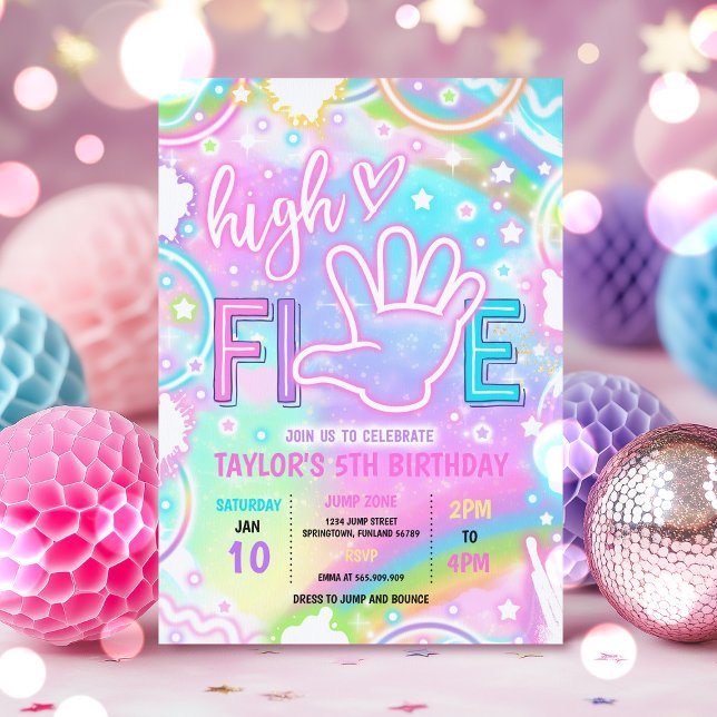 High Five Pastel Neon Glow 5th Birthday Party Invitation (Creator Uploaded)