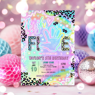 High Five Rainbow Leopard Print 5th Birthday Party Invitation