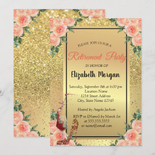 High Heel,Glass,Gold Glitter Floral Retirement Invitation