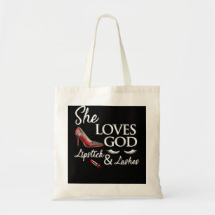 High heel ladies shoes, lipstick and She loves god Tote Bag