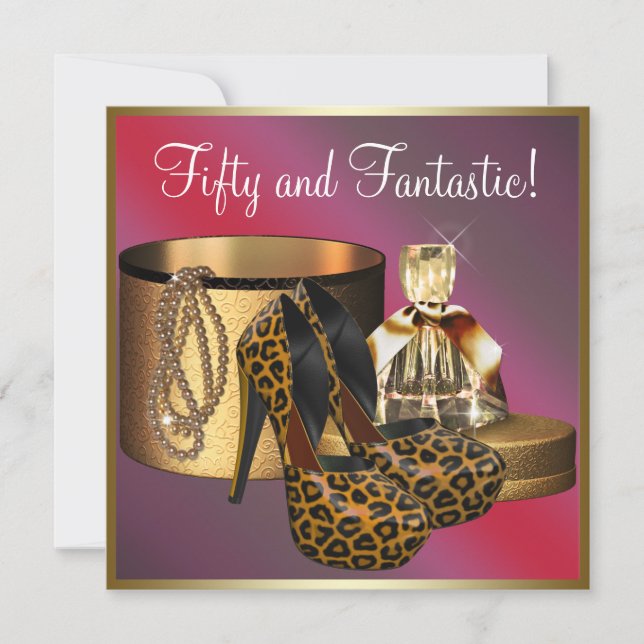 High Heel Shoes Leopard Gold Womans 50th Birthday Invitation (Front)