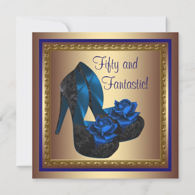 High Heel Shoes Royal Blue Gold 50th Birthday Invitation (Front)