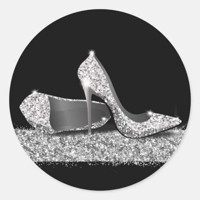High Heel Shoes Silver Glitter Favour Classic Round Sticker (Front)