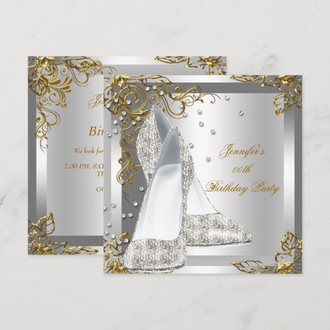 High Heel Shoes Silver Gold Birthday Party Invitation (Front/Back)