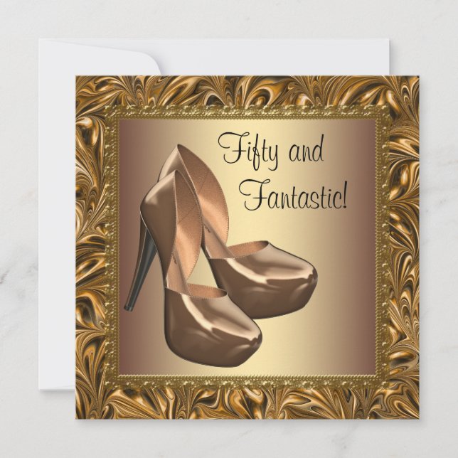 High Heel Shoes Womans Gold 50th Birthday Party Invitation (Front)