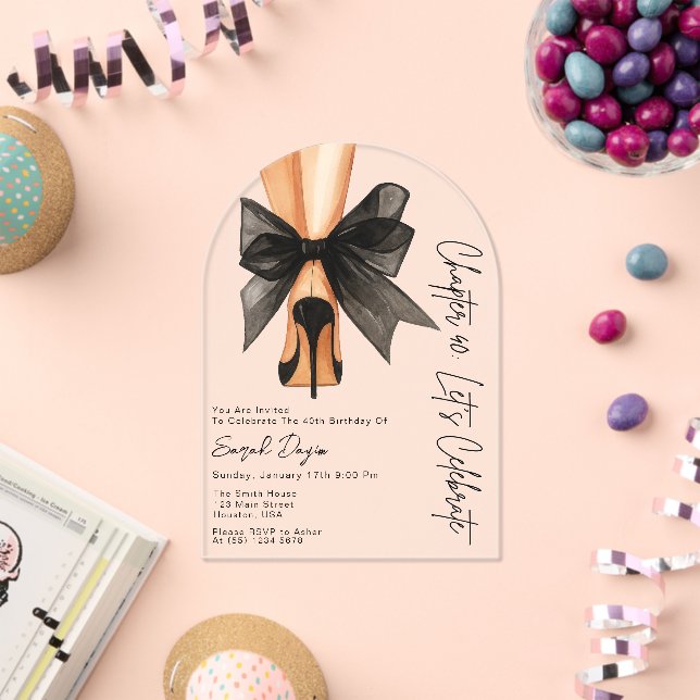 High Heels Black Bow Forty 40th Birthday Party  Acrylic Invitations (Insitu (Celebration))