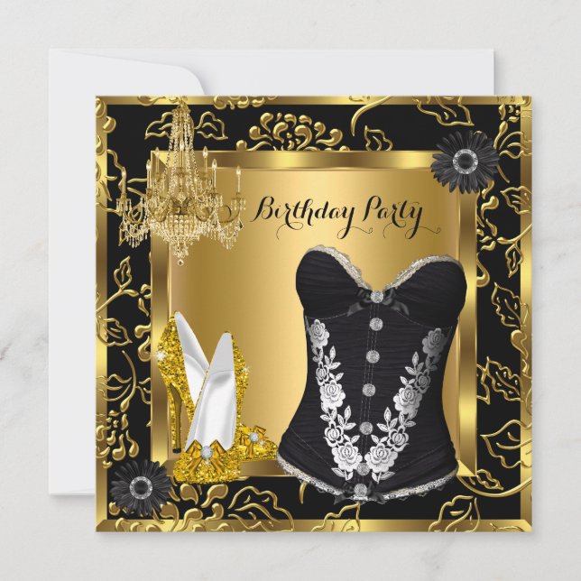 High Heels Chandelier Lace Corset Black Gold Invitation (Front)