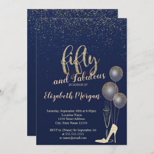 High Heels Confetti,Navy Blue 50th Birthday Party Invitation