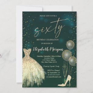 High Heels,Dress,Stars Green 60th Birthday Invitation