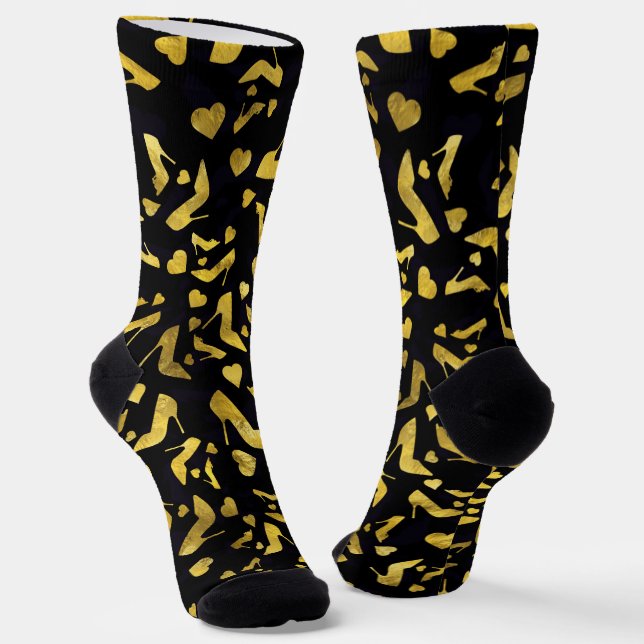 High Heels Gold shoe pattern on black Socks (Angled)