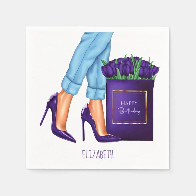 High Heels Shopping Bag Happy Birthday Napkin (Front)