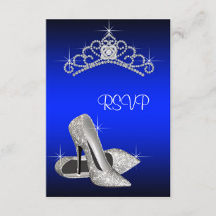 High Heels Tiara Royal Blue Quinceanera RSVP Card
