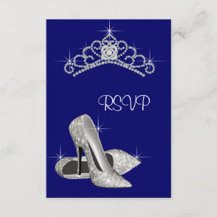 High Heels Tiara Royal Blue Quinceanera RSVP Card