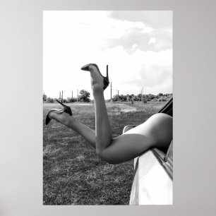 High Heels Woman in Car, Black and White Fashion Poster