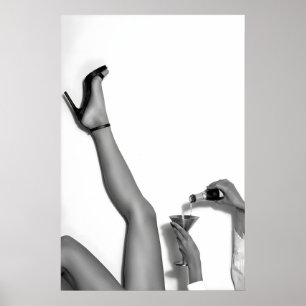 High Heels Woman Pouring Wine Black and White Poster