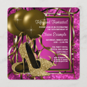 High Heels Womans Hot Pink and Gold Birthday Party Invitation